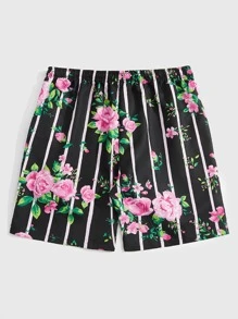 ROMWE MEN Guys Striped Floral Print Shorts - Multicolor - View 2