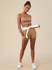 SHEIN BASICS Cotton Solid Crop Cami Top & Cycling Shorts - Khaki - View 4
