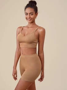 SHEIN BASICS Cotton Solid Crop Cami Top & Cycling Shorts - Khaki - View 6
