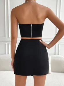 SHEIN Privé Solid Crop Tube Top & Wrap Hem Skirt - Black - View 2