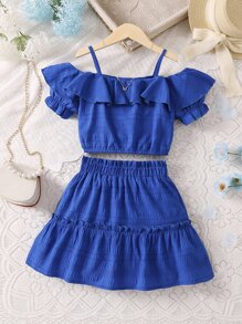 SHEIN Tween Girl Blue Solid Color Holiday Spaghetti Strap Ruffled Top And Frill Trim Skirt For Summer - Royal Blue - View 1
