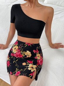 SHEIN Privé One Shoulder Crop Top & Floral Print Split Hem Skirt - Multicolor - View 1