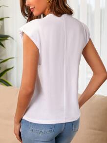Cottnline Solid V Neck Cap Sleeve Tee - White - View 2
