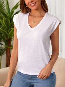 Cottnline Solid V Neck Cap Sleeve Tee - White - View 3