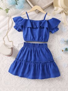 SHEIN Tween Girl Blue Solid Color Holiday Spaghetti Strap Ruffled Top And Frill Trim Skirt For Summer - Royal Blue - View 2