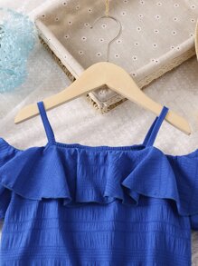 SHEIN Tween Girl Blue Solid Color Holiday Spaghetti Strap Ruffled Top And Frill Trim Skirt For Summer - Royal Blue - View 3