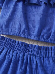SHEIN Tween Girl Blue Solid Color Holiday Spaghetti Strap Ruffled Top And Frill Trim Skirt For Summer - Royal Blue - View 4