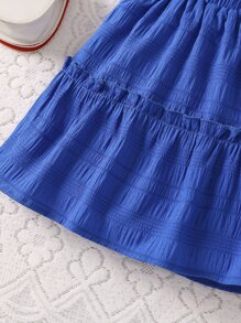SHEIN Tween Girl Blue Solid Color Holiday Spaghetti Strap Ruffled Top And Frill Trim Skirt For Summer - Royal Blue - View 5