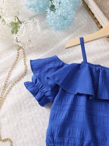 SHEIN Tween Girl Blue Solid Color Holiday Spaghetti Strap Ruffled Top And Frill Trim Skirt For Summer - Royal Blue - View 6