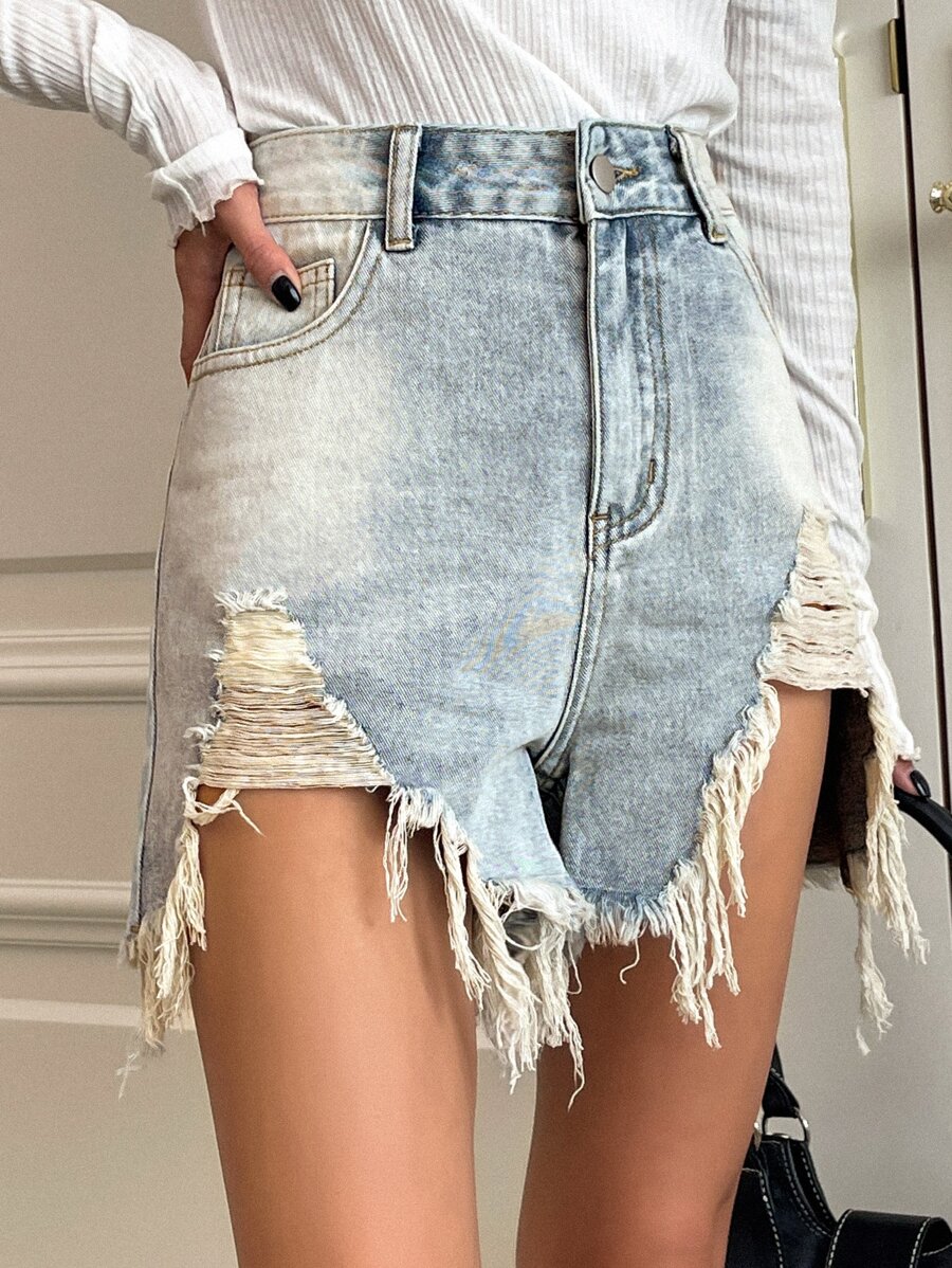 DAZY Quần short denim với các đường viền thô rách - Rửa nhẹ - Xem 1