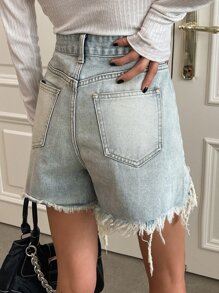 DAZY Quần short denim với các đường viền thô rách - Rửa nhẹ - Xem 2