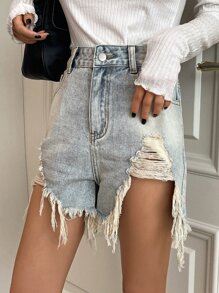 DAZY Quần short denim với các đường viền thô rách - Rửa nhẹ - Xem 5