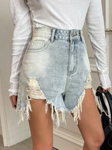 DAZY Quần short denim với các đường viền thô rách - Rửa nhẹ - Xem 6