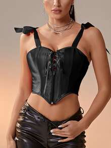 前繫帶不對稱下擺肩部打結吊帶上衣 - 黑色 - 查看 4