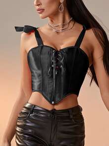 前繫帶不對稱下擺肩部打結吊帶上衣 - 黑色 - 查看 3