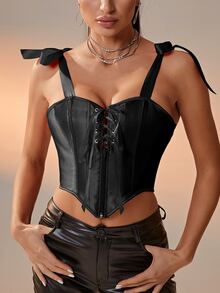 前繫帶不對稱下擺肩部打結吊帶上衣 - 黑色 - 查看 6