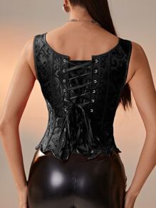 Jacquard Grommet Lace Up Front Scallop Trim Corset Top - Black - View 2