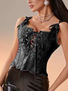 Jacquard Grommet Lace Up Front Scallop Trim Corset Top - Black - View 4