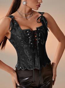 Jacquard Grommet Lace Up Front Scallop Trim Corset Top - Black - View 7