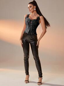 Jacquard Grommet Lace Up Front Scallop Trim Corset Top - Black - View 6