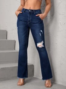 Ripped Raw Hem Flare Leg Jeans - Dark Wash - View 4