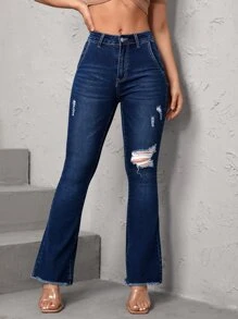 Ripped Raw Hem Flare Leg Jeans - Dark Wash - View 5