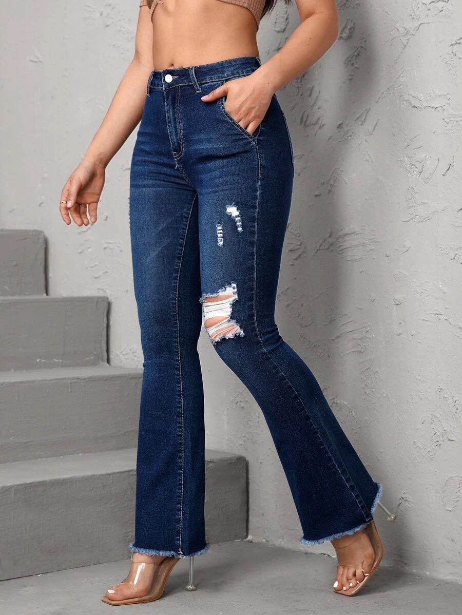 Ripped Raw Hem Flare Leg Jeans - Dark Wash - View 1