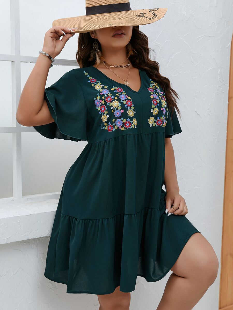SHEIN LUNE Vestido smock con bordado floral de manga mariposa bajo con fruncido - Verde Oscuro - Ver 1