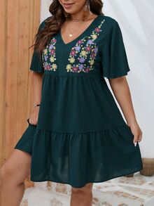 SHEIN LUNE Vestido smock con bordado floral de manga mariposa bajo con fruncido - Verde Oscuro - Ver 5