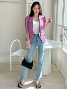 DAZY Áo khoác  âu phục nữ Nút đôi màu trơn Thanh lịch - Màu tím - Xem 4