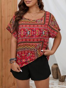 SHEIN Holidaya Plus Floral Print Top & Shorts Set - Multicolor - View 3