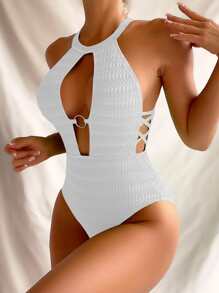 環鏈鏤空交叉露背吊脖連體泳衣 - 白色 - 查看 1