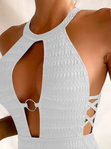 環鏈鏤空交叉露背吊脖連體泳衣 - 白色 - 查看 3