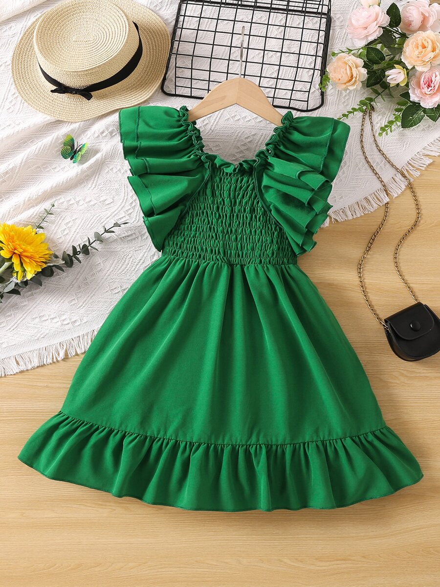 Chicas Vestido ribete con fruncido bajo con volante - Verde - Ver 1