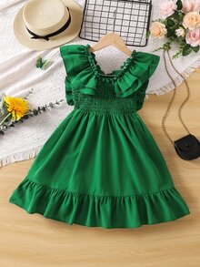 Chicas Vestido ribete con fruncido bajo con volante - Verde - Ver 2