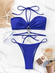 SHEIN Swim 夏季沙灘環扣連接領口比基尼泳裝套裝 - 藍色 - 查看 3