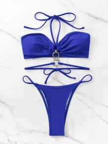 SHEIN Swim 夏季沙灘環扣連接領口比基尼泳裝套裝 - 藍色 - 查看 4