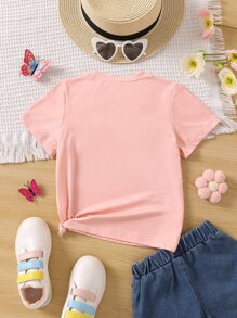 少女簡約圓領字母印花短袖T恤夏季 - 粉色 - 查看 2