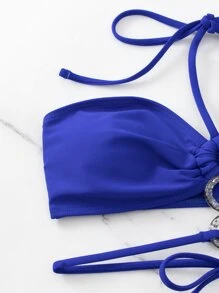 SHEIN Swim 夏季沙灘環扣連接領口比基尼泳裝套裝 - 藍色 - 查看 6