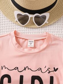 少女簡約圓領字母印花短袖T恤夏季 - 粉色 - 查看 4