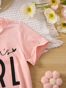 少女簡約圓領字母印花短袖T恤夏季 - 粉色 - 查看 5