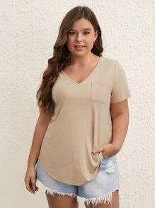 SHEIN BASICS Plus Solid Pocket Patched Curved Hem Tee - Khaki - View 2