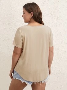 SHEIN BASICS Plus Solid Pocket Patched Curved Hem Tee - Khaki - View 3