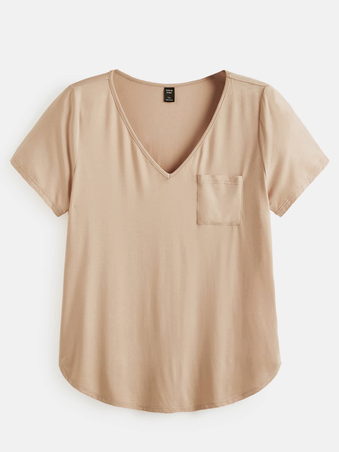 SHEIN BASICS Plus Solid Pocket Patched Curved Hem Tee - Khaki - View 1