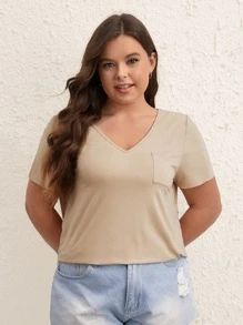 SHEIN BASICS Plus Solid Pocket Patched Curved Hem Tee - Khaki - View 4