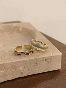 2入組棋盤格印花戒指 - 彩色 - 查看 2