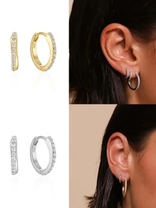 1 對交叉單排 S925 純銀女士經典首飾圈形耳環 - 金色 - 查看 1