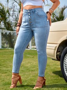 SHEIN VCAY Jeans ajustados con botón - Lavado ligero - Ver 3