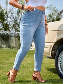 SHEIN VCAY Jeans ajustados con botón - Lavado ligero - Ver 4