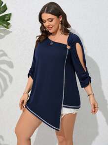 SHEIN LUNE 大碼頂針不對稱領鏤空T恤 - 寶藍色 - 查看 4